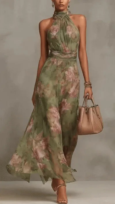 Women's floral halter maxi dress with gathered waist, front view
