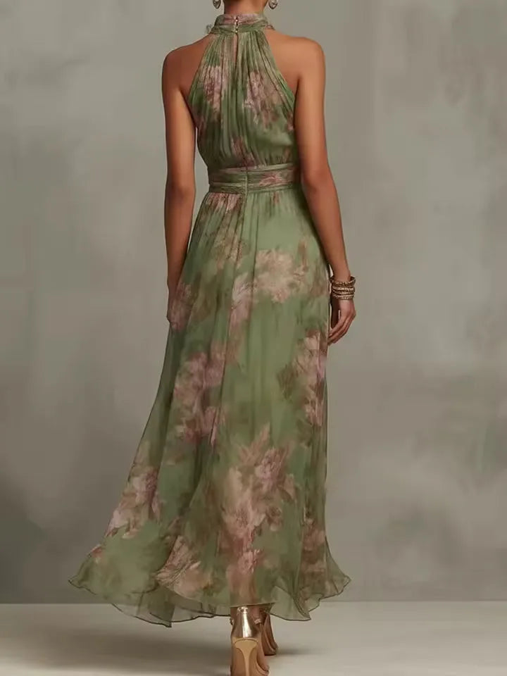 Women's floral halter maxi dress with gathered waist, front view
