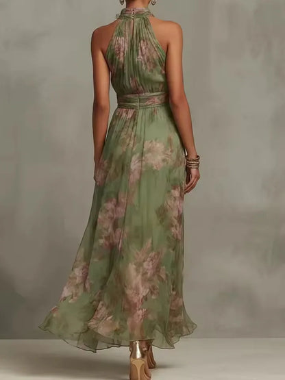 Women's floral halter maxi dress with gathered waist, front view