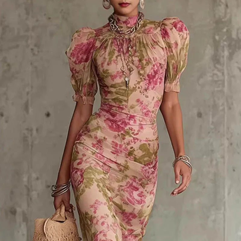 Women's pink floral maxi dress with high neck and puff sleeves, close-up of the high neck and puff sleeves