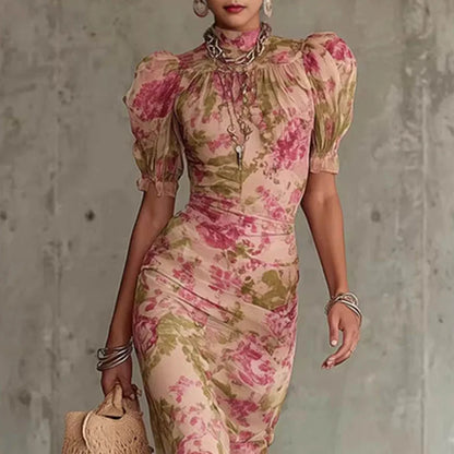 Women's pink floral maxi dress with high neck and puff sleeves, close-up of the high neck and puff sleeves