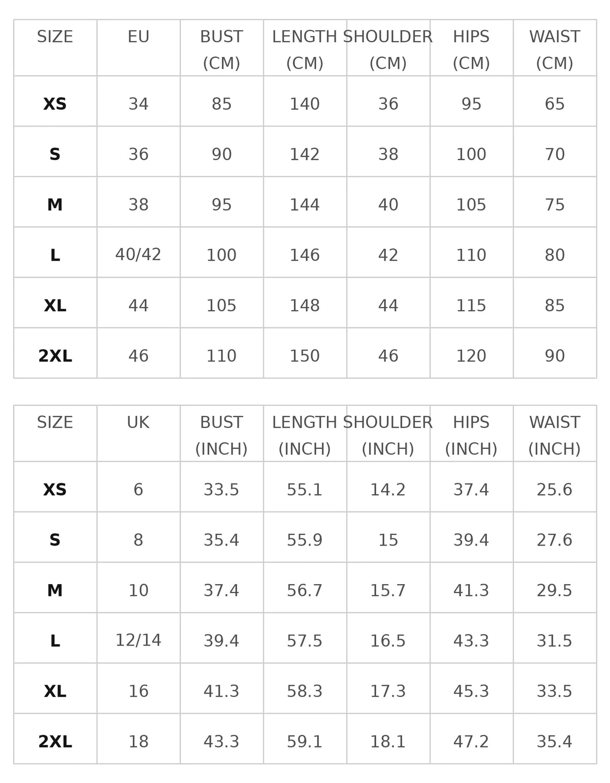 Size chart for the floral maxi dress with high neck and puff sleeves
