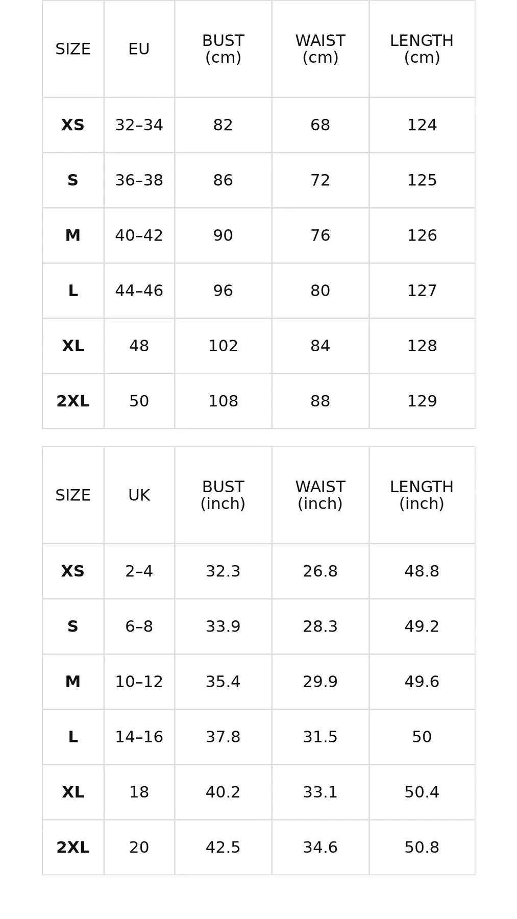 Size chart for the floral midi dress with square neck and puff sleeves