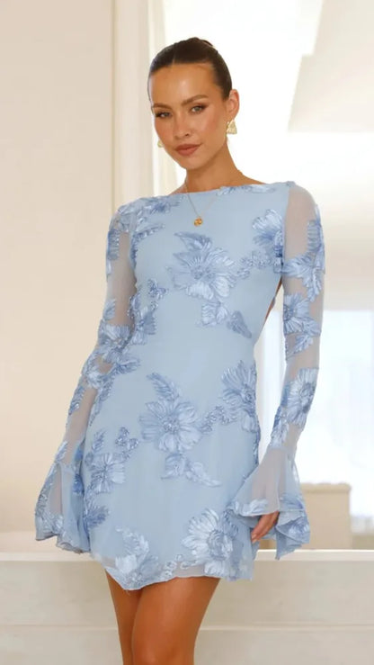 Women's floral mini dress with sheer bell sleeves and open back, light blue, front view