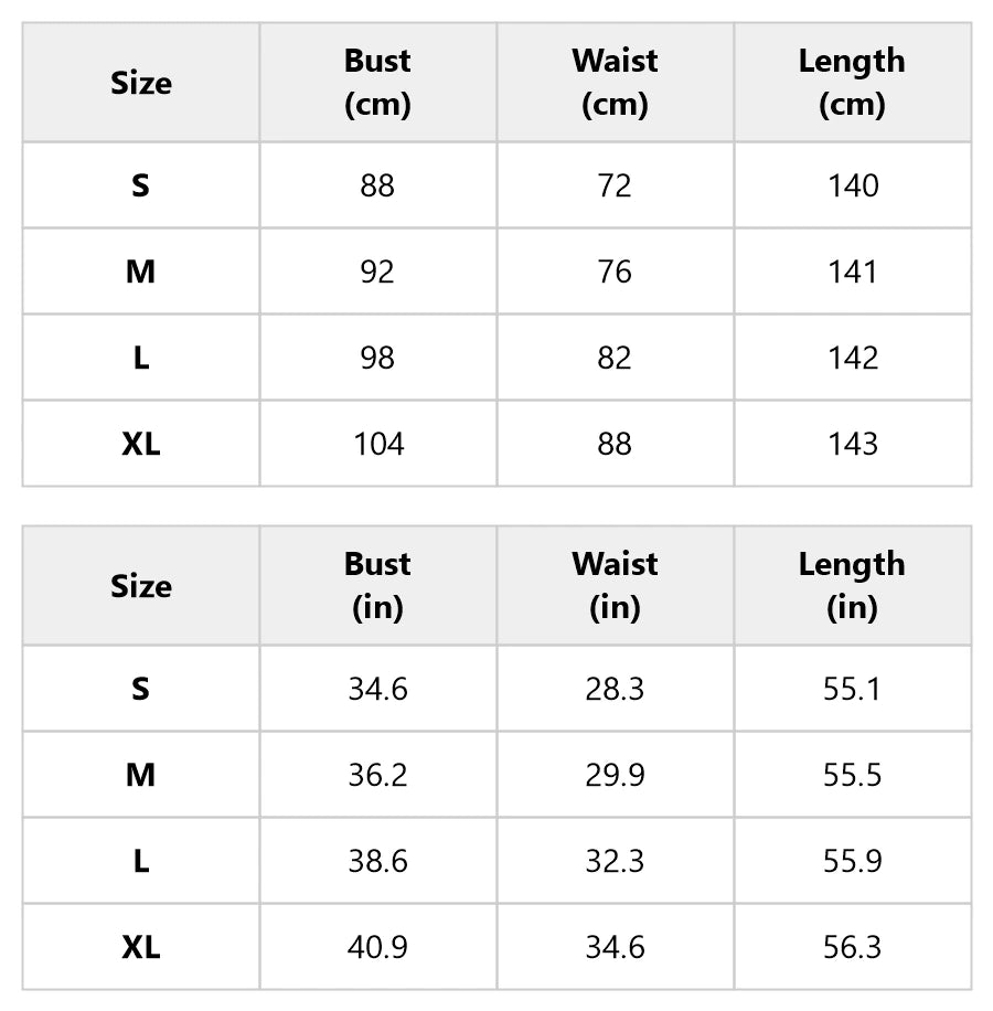 Size chart for the floral print one-shoulder maxi dress with slit and flower detail