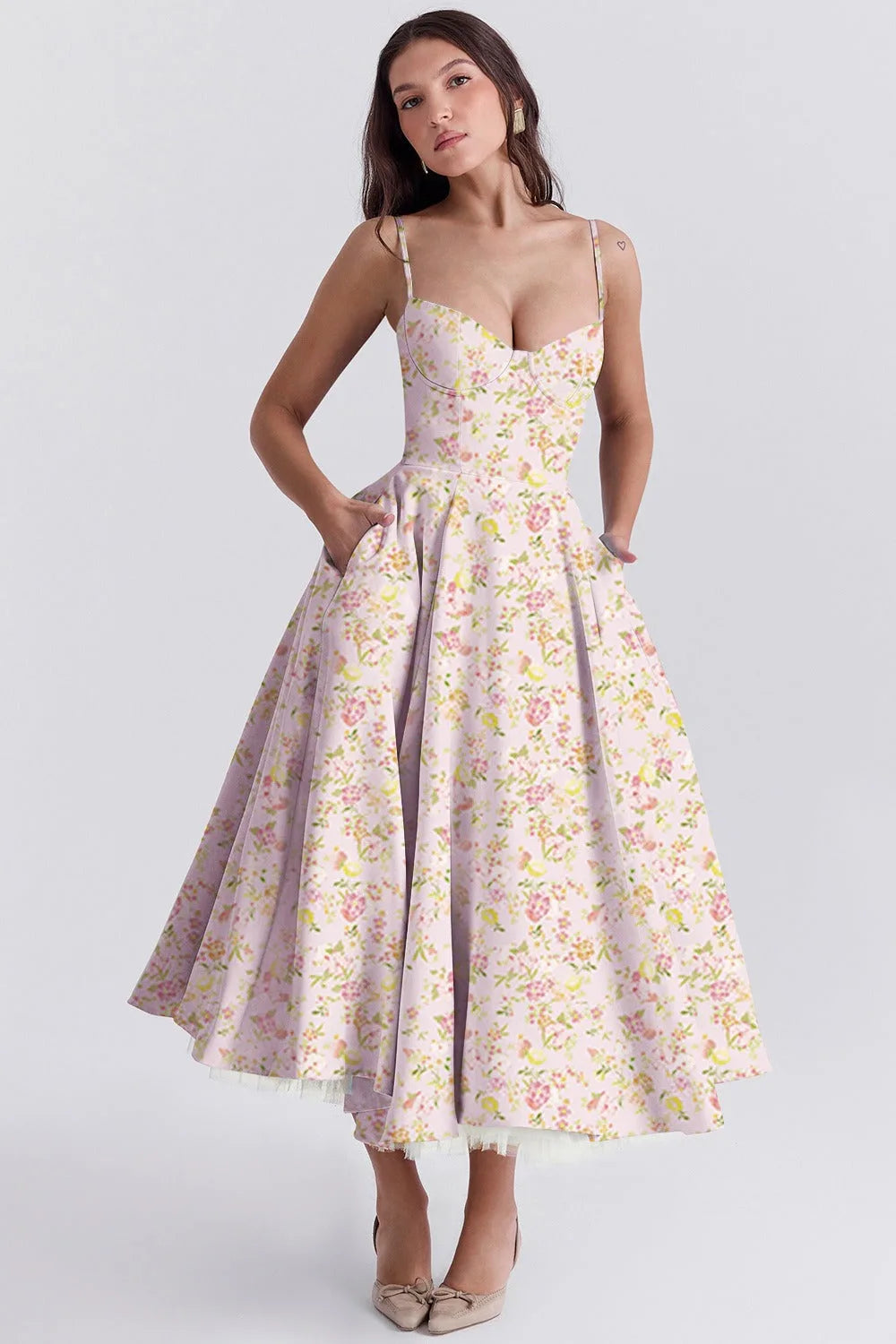Women's floral sweetheart midi dress with full skirt, pink, front view