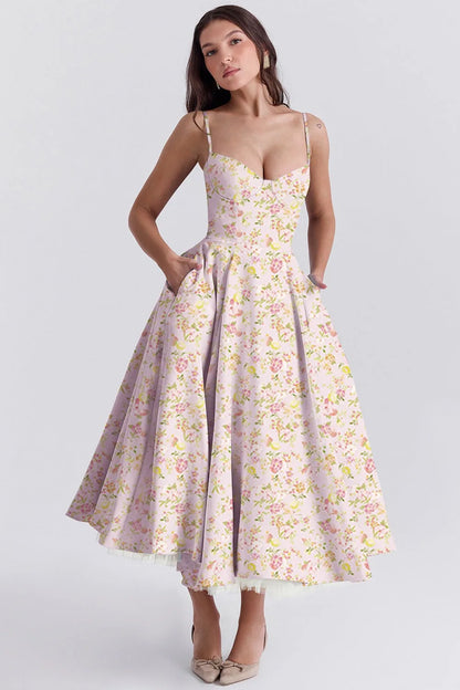 Women's floral sweetheart midi dress with full skirt, pink, front view