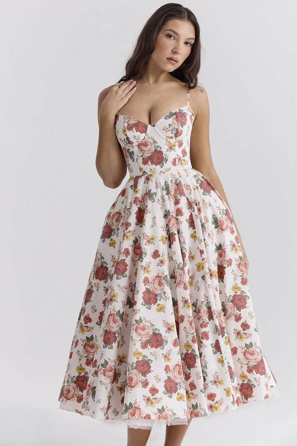 Women's floral sweetheart midi dress with full skirt, white, front view