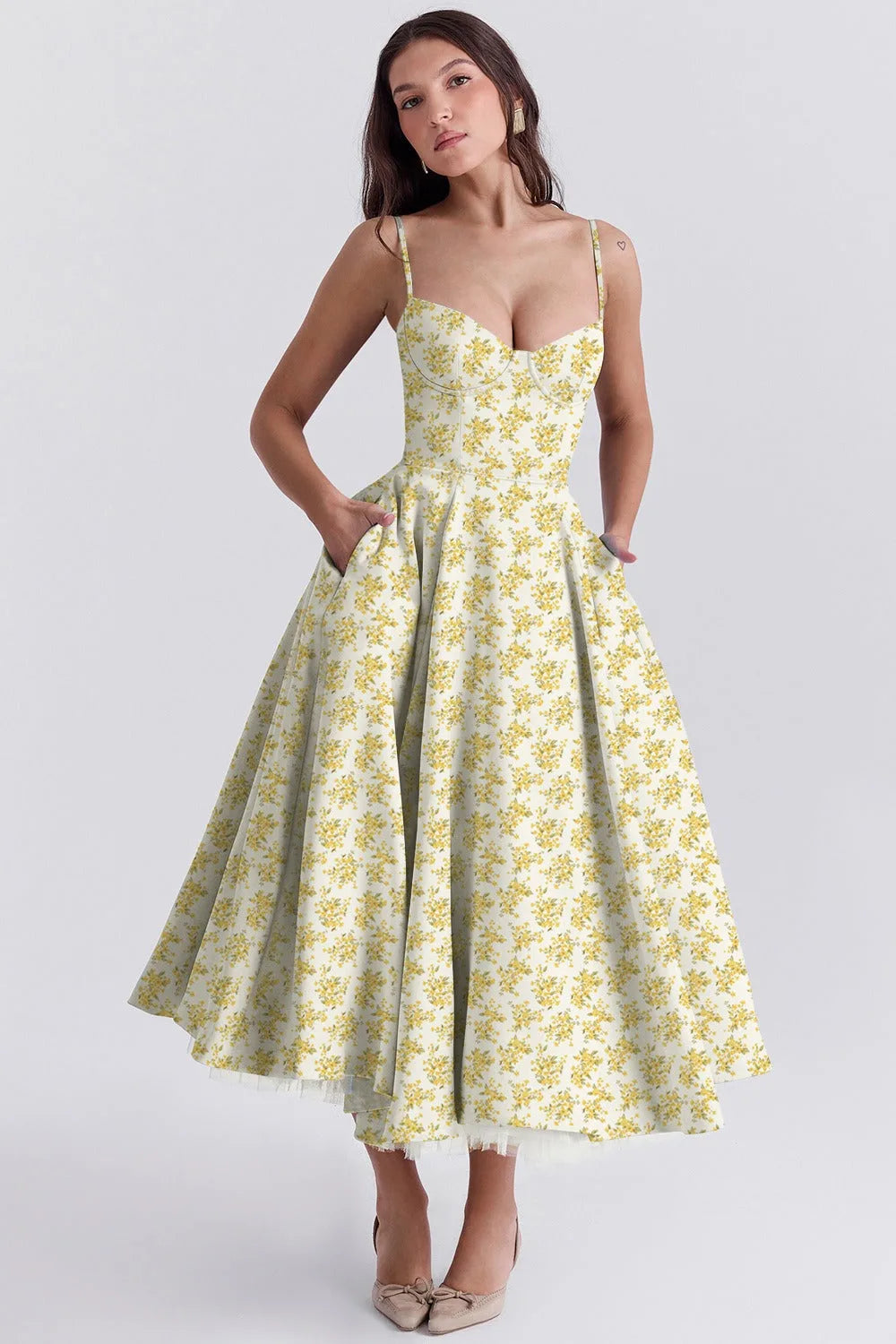 Women's floral sweetheart midi dress with full skirt, yellow, front view
