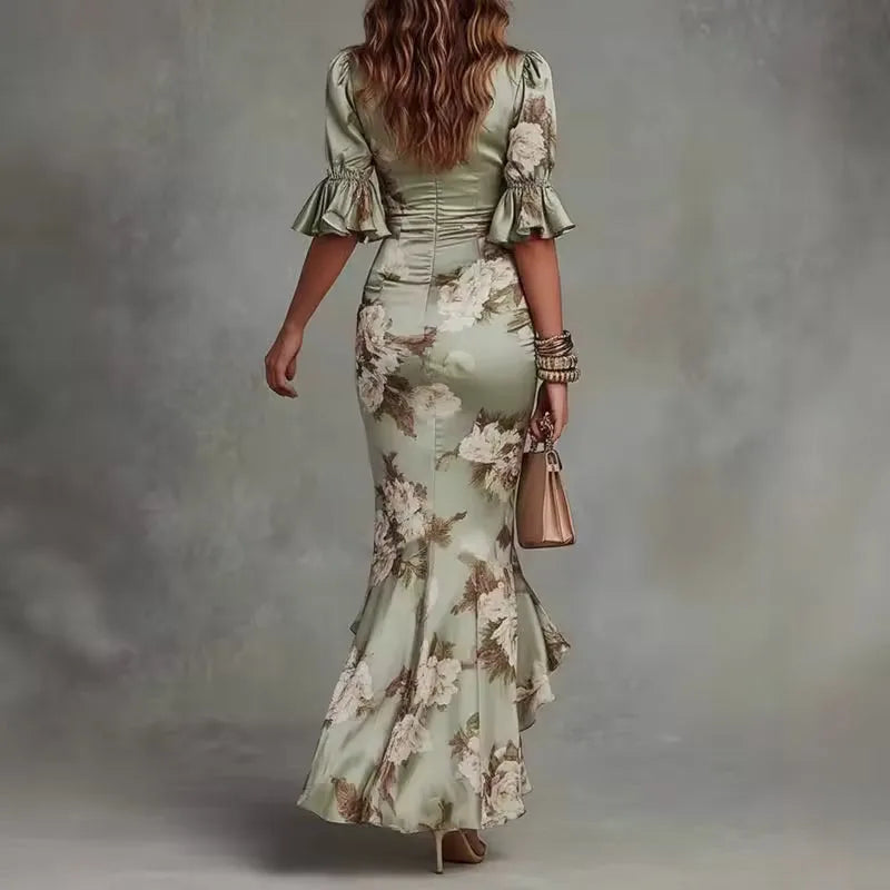 Women's floral V-neck maxi dress with bell sleeves and asymmetric hem, green, back view