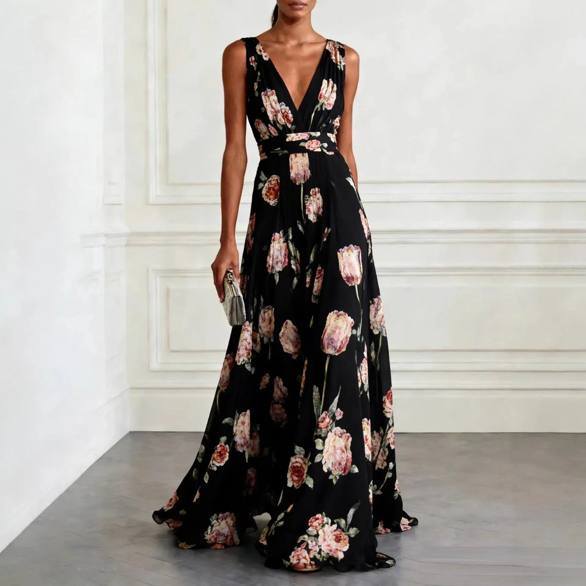 Women's floral V-neck maxi dress with wrap waist, black, front view