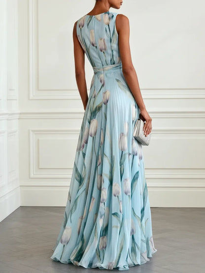 Women's floral V-neck maxi dress with wrap waist, light blue, back view