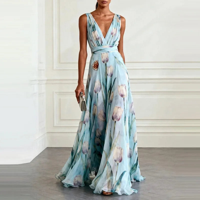 Women's floral V-neck maxi dress with wrap waist, light blue, front view