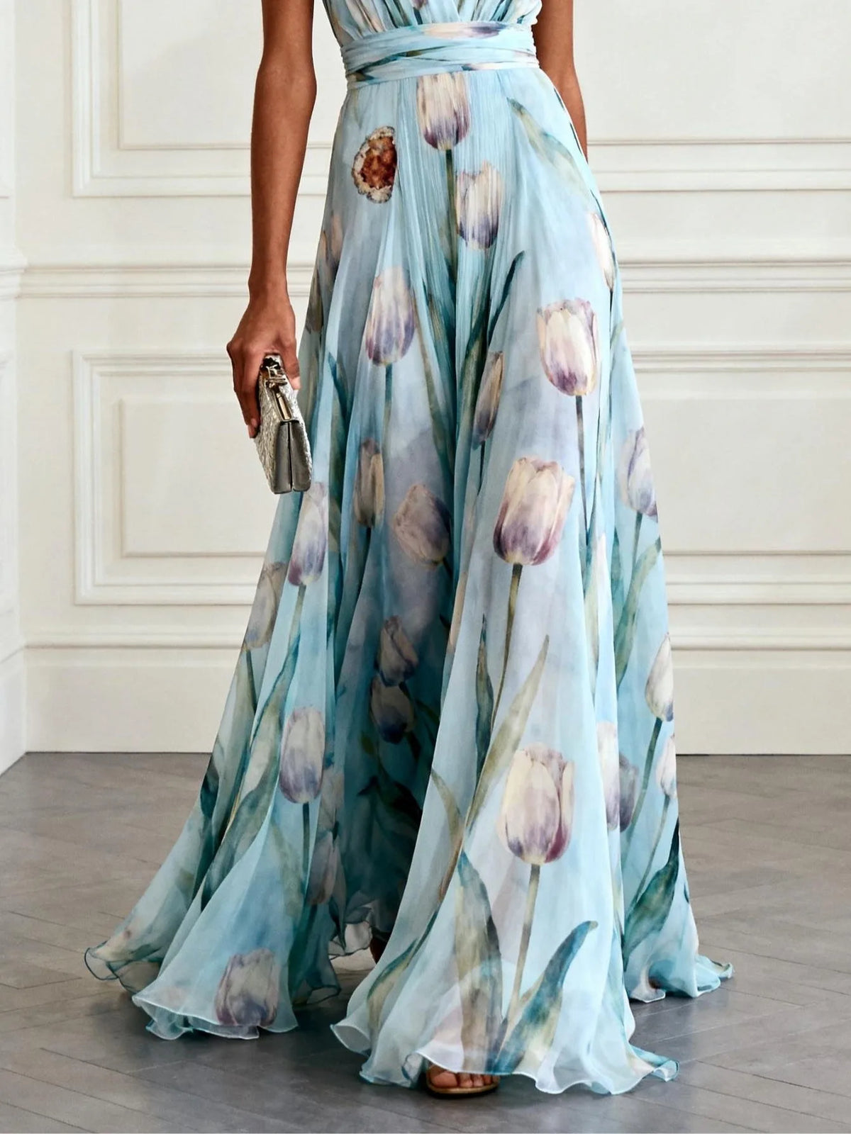 Women's floral V-neck maxi dress with wrap waist, light blue, three-quarter view