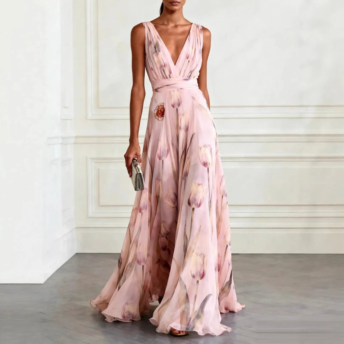 Women's floral V-neck maxi dress with wrap waist, pink, front view