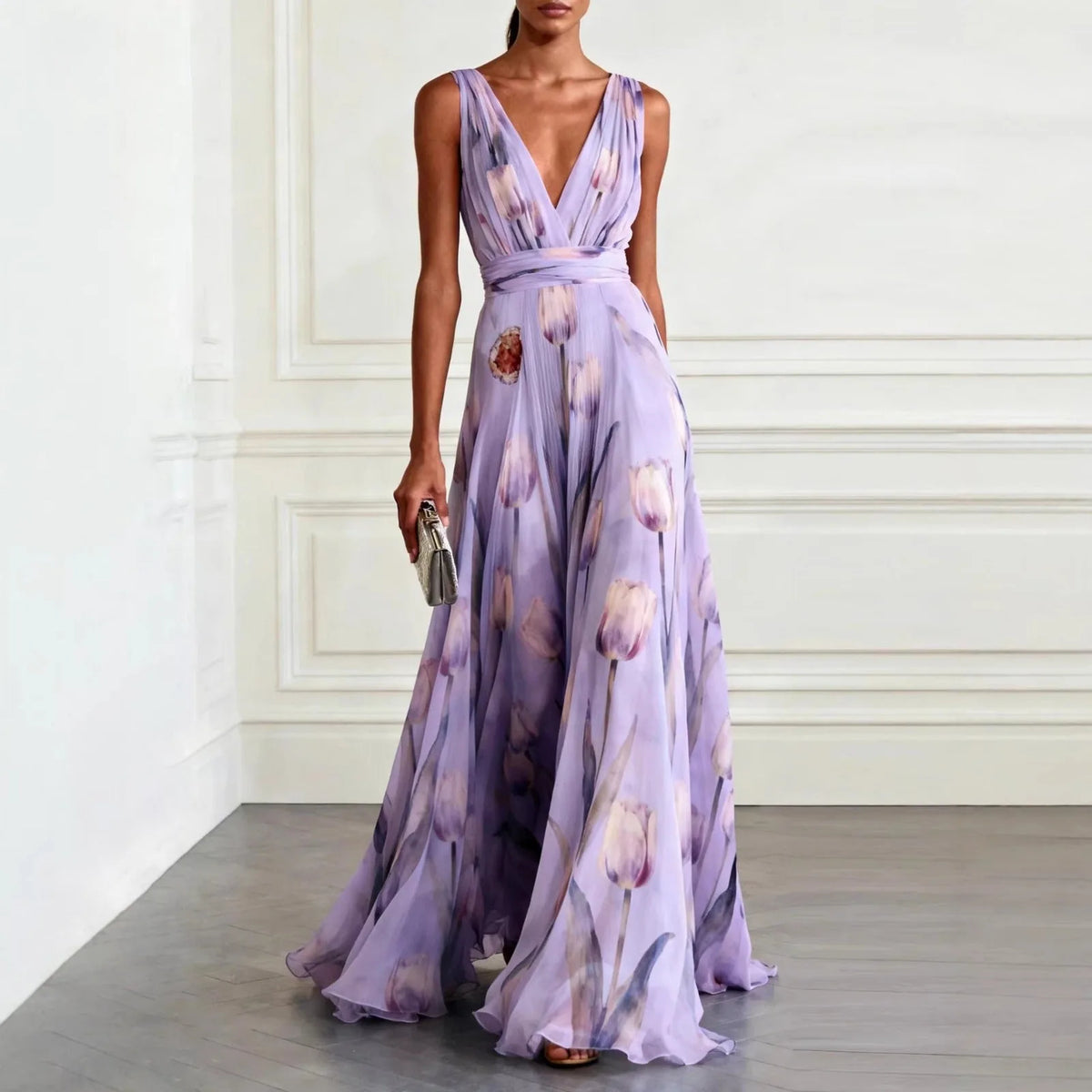 Women's floral V-neck maxi dress with wrap waist, purple, front view