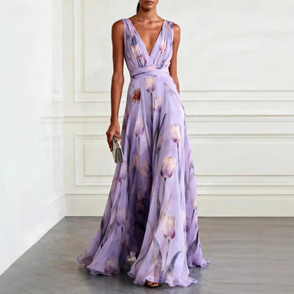Women's floral V-neck maxi dress with wrap waist, purple, front view