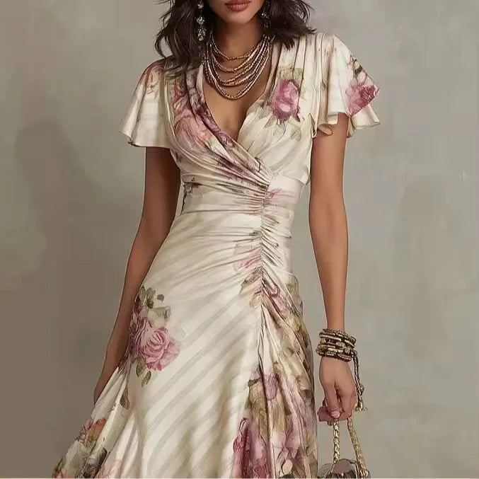 Women's floral wrap-effect midi dress with flutter sleeves, close-up of the V-neckline and sleeve