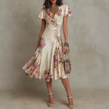 Women's floral wrap-effect midi dress with flutter sleeves, front view