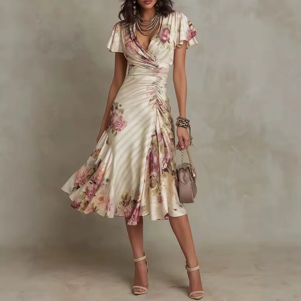 Women's floral wrap-effect midi dress with flutter sleeves, front view