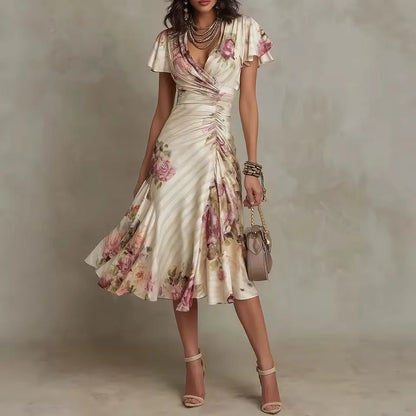 Women's floral wrap-effect midi dress with flutter sleeves, front view