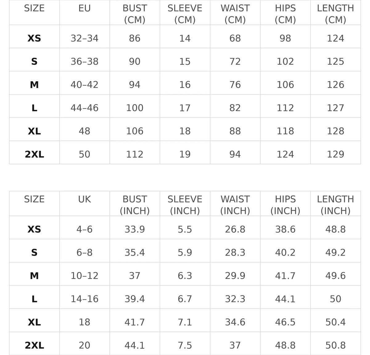 Size chart for the floral wrap-effect midi dress with flutter sleeves