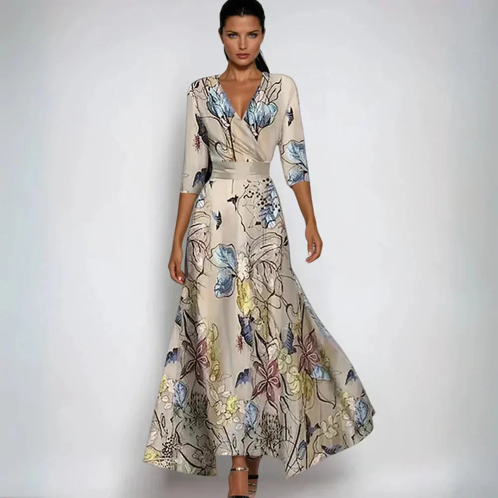 Women's floral wrap maxi dress with V-neck and sleeves, beige, front view