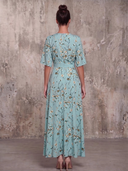 Women's floral wrap maxi dress with V-neck and sleeves, green, back view