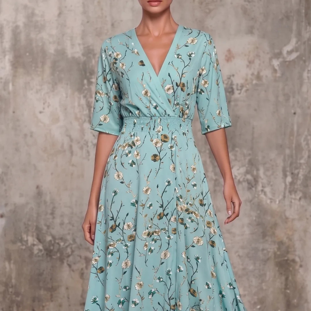 Women's floral wrap maxi dress with V-neck and sleeves, green, close-up of the wrap V-neckline and sleeves