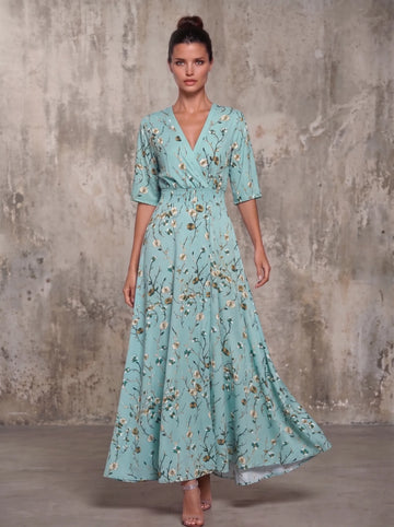 Women's floral wrap maxi dress with V-neck and sleeves, green, front view