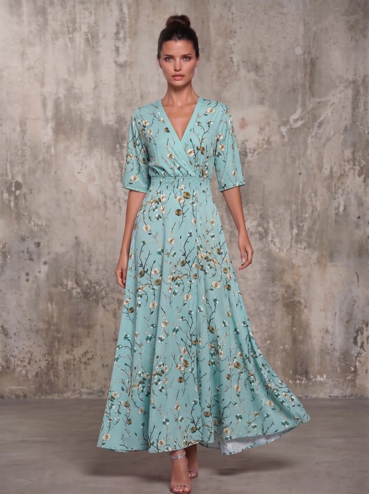 Women's floral wrap maxi dress with V-neck and sleeves, green, front view
