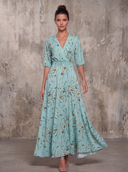 Women's floral wrap maxi dress with V-neck and sleeves, green, front view