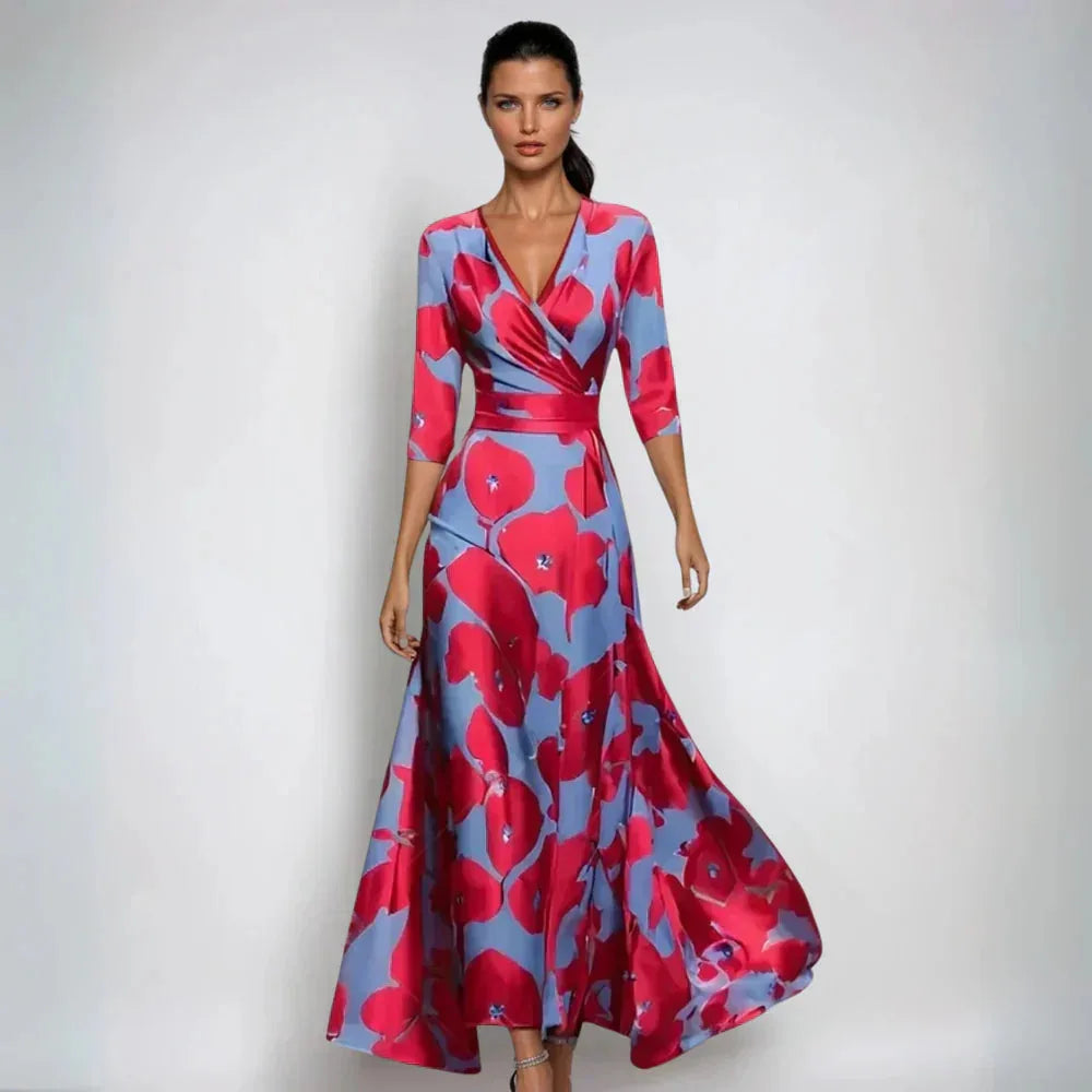 Women's floral wrap maxi dress with V-neck and sleeves, red, front view