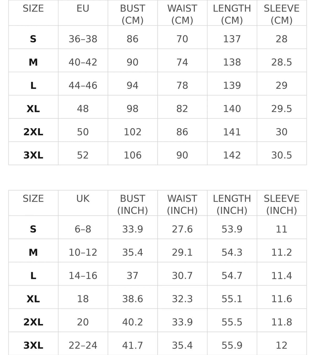 Size chart for the floral wrap maxi dress with v-neck and sleeves