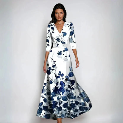 Women's floral wrap maxi dress with V-neck and sleeves, white, front view