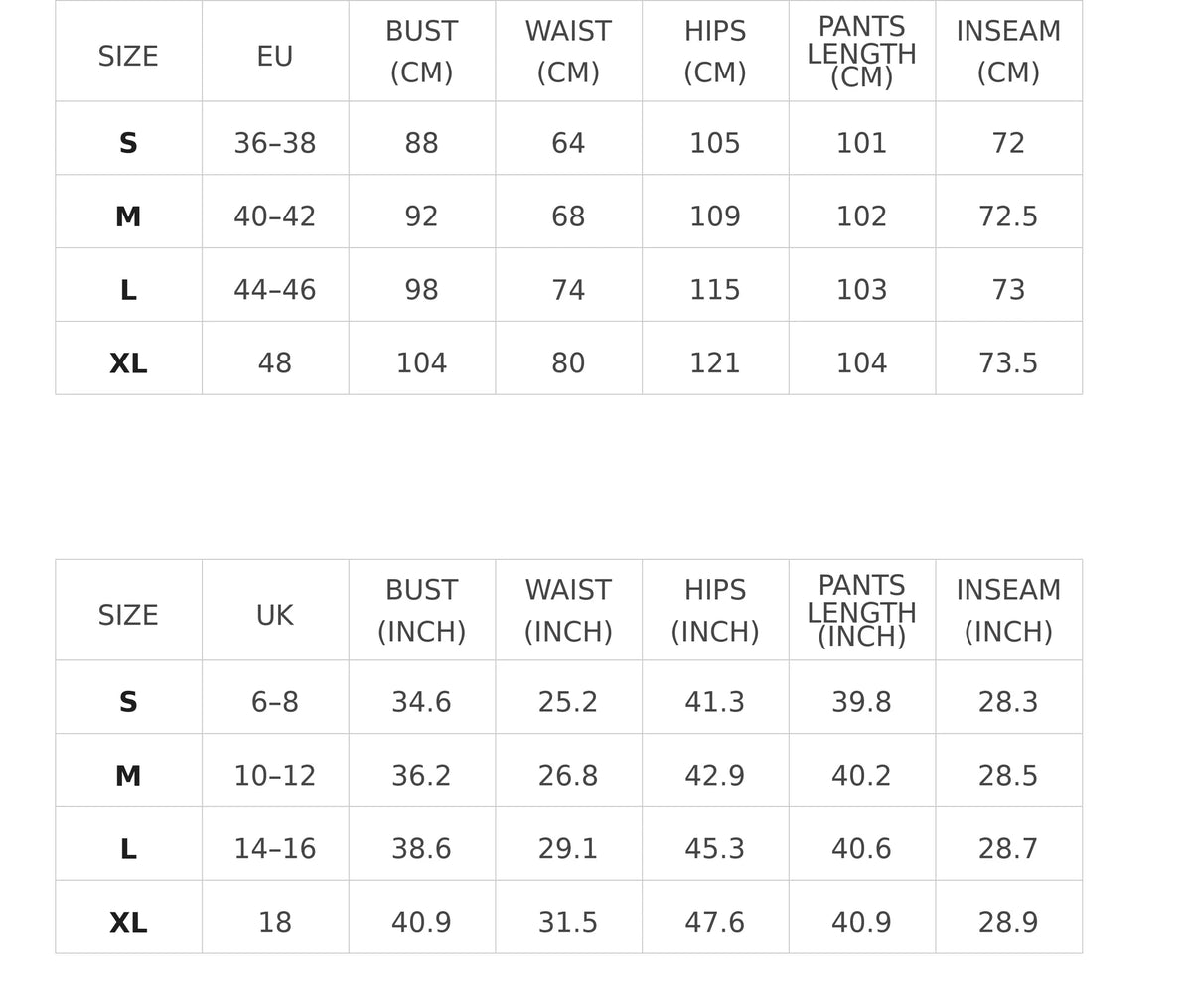 Size chart for flowy blouse and leopard print wide-leg pants set