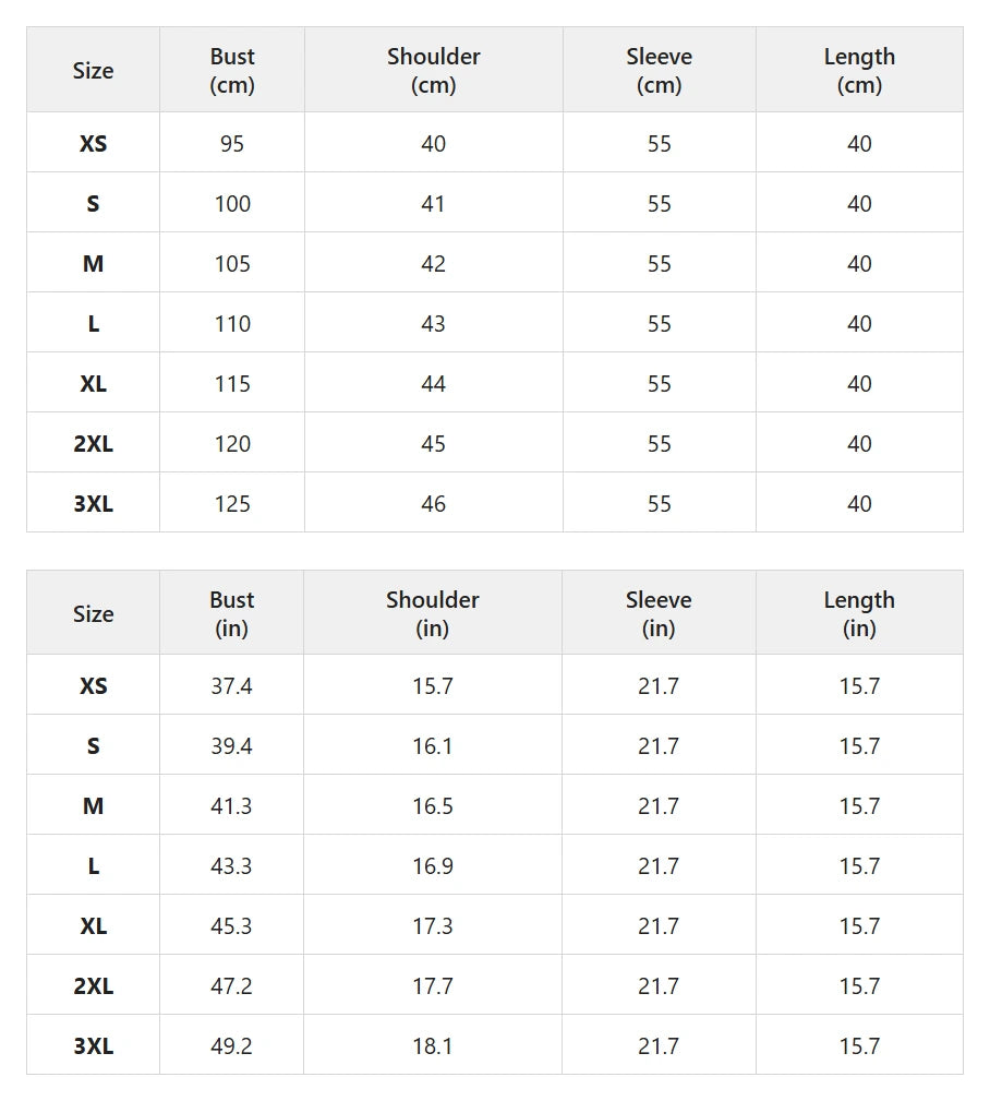 Size chart for fluffy cropped jacket with front zip