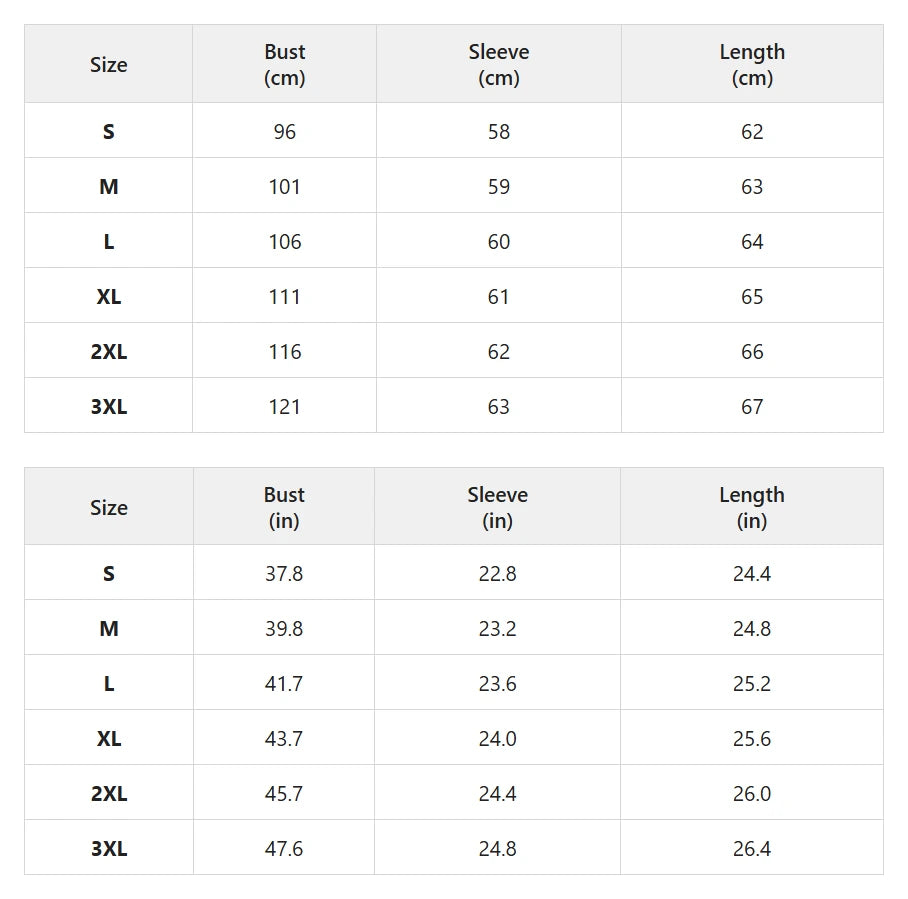 Size chart for fold-over collar long sleeve sweater