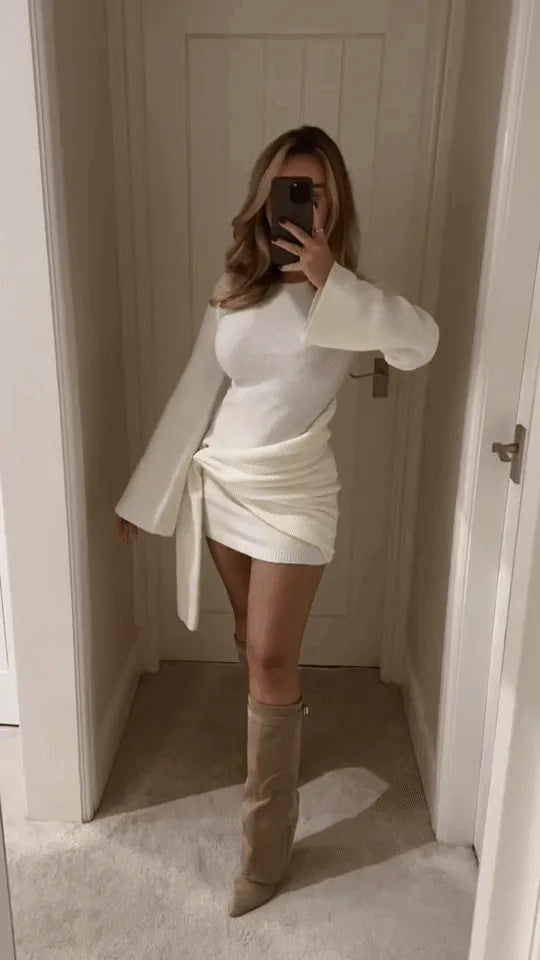 Women's fold-over knee-high boots with gold buckle, beige, full-length styled look