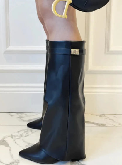 Women's fold-over knee-high boots with gold buckle, black, front view