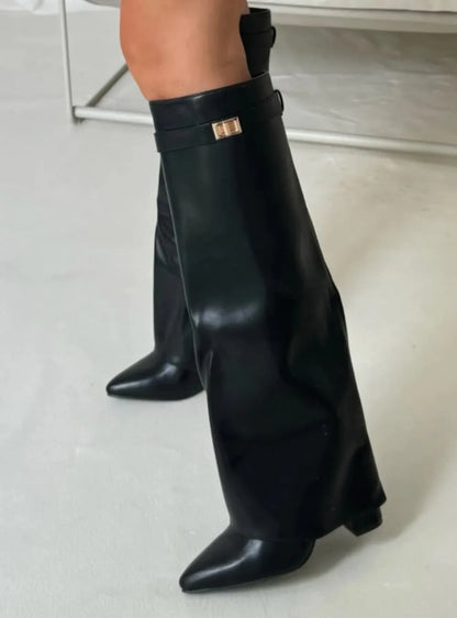 Women's fold-over knee-high boots with gold buckle, black, front view