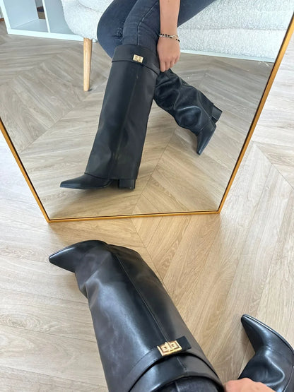 Women's fold-over knee-high boots with gold buckle, black, mirror view