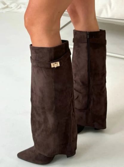 Women's fold-over knee-high boots with gold buckle, brown, front view