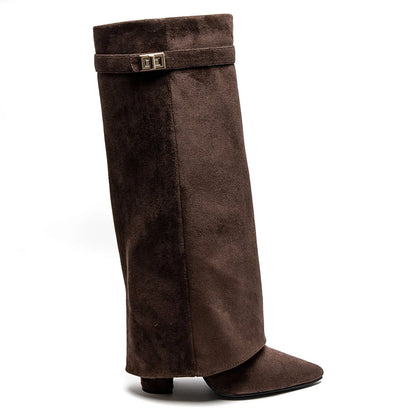 Women's fold-over knee-high boots with gold buckle, brown, product view