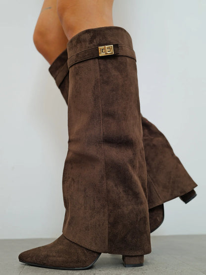 Women's fold-over knee-high boots with gold buckle, brown, side view