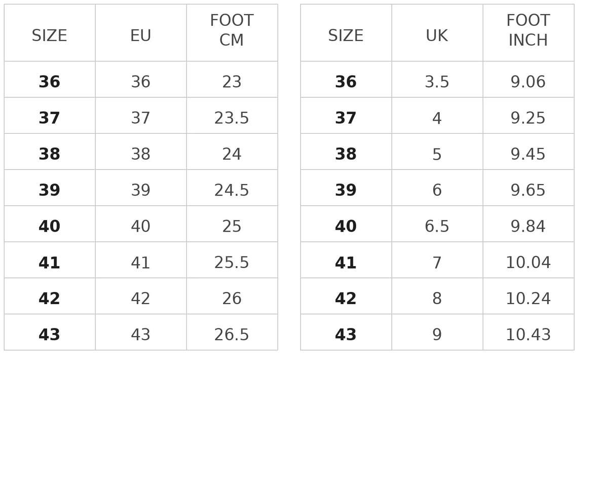 Size chart for the fold-over knee-high boots with gold buckle