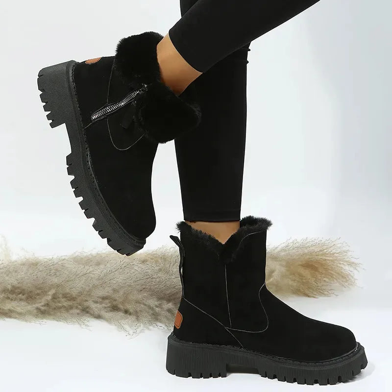 Women's fur-trim ankle boots with chunky sole, black, worn view