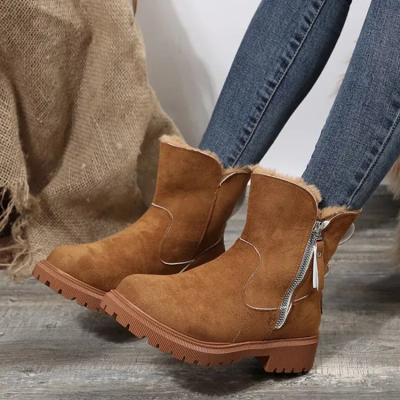 Women's fur-trim ankle boots with chunky sole, brown, side view worn