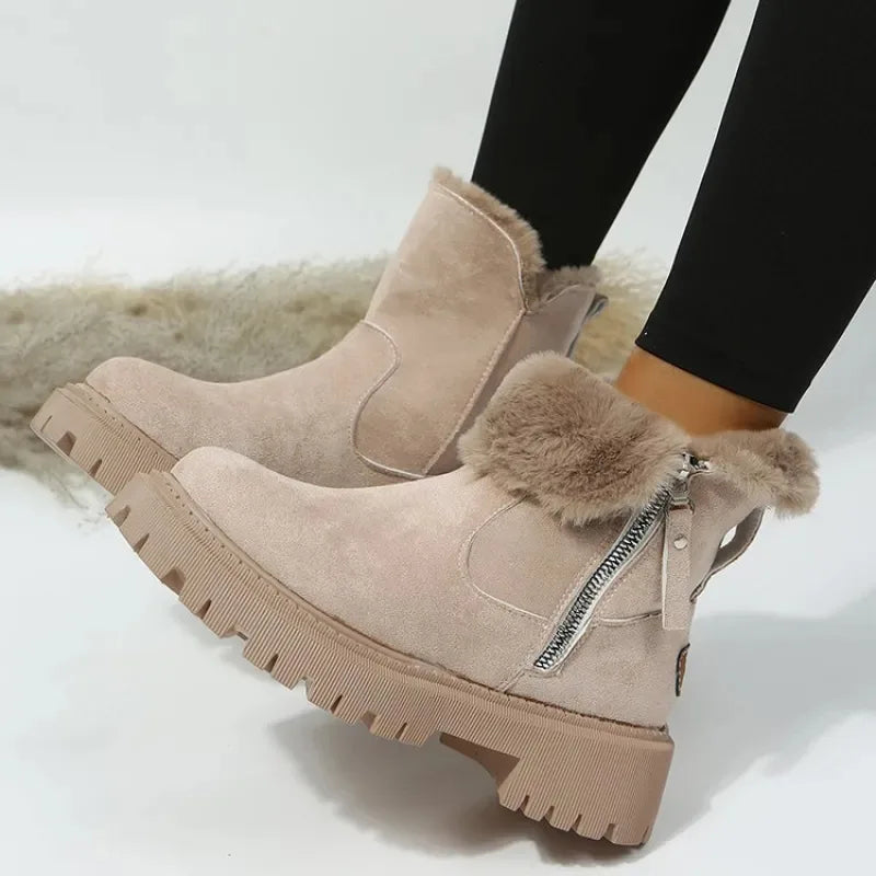 Women's fur-trim ankle boots with chunky sole, khaki, side view with zip tassel