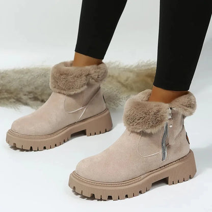 Women's fur-trim ankle boots with chunky sole, khaki, side view worn